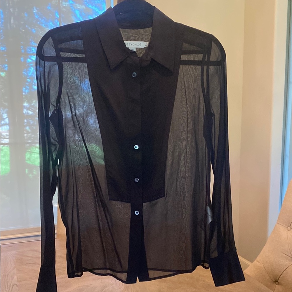 See By Chloe Navy Sheer Long Sleeve Top